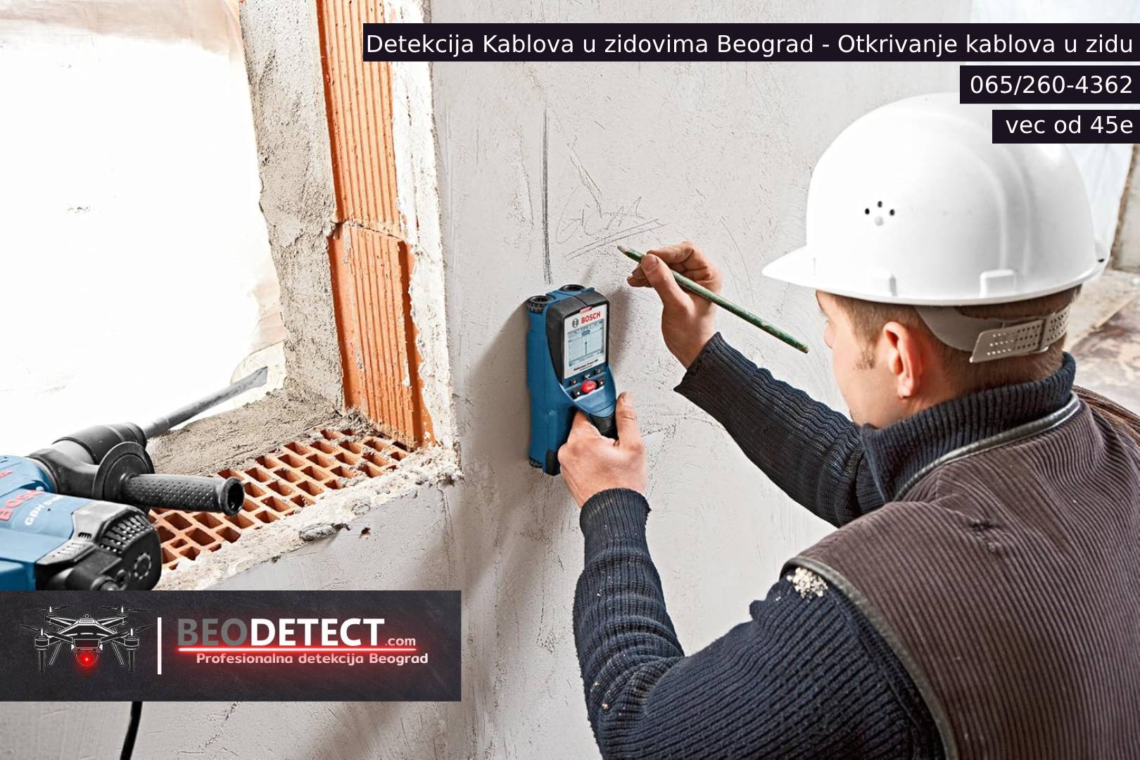 detekcija kablova u zidovima Beograd, servis za detekciju kablova, lociranje električnih instalacija, detekcija cevi u zidovima, Bosch Wall Scanner, detektor kablova Beograd, usluga za domaćinstva i firme, detekcija skrivenih instalacija.